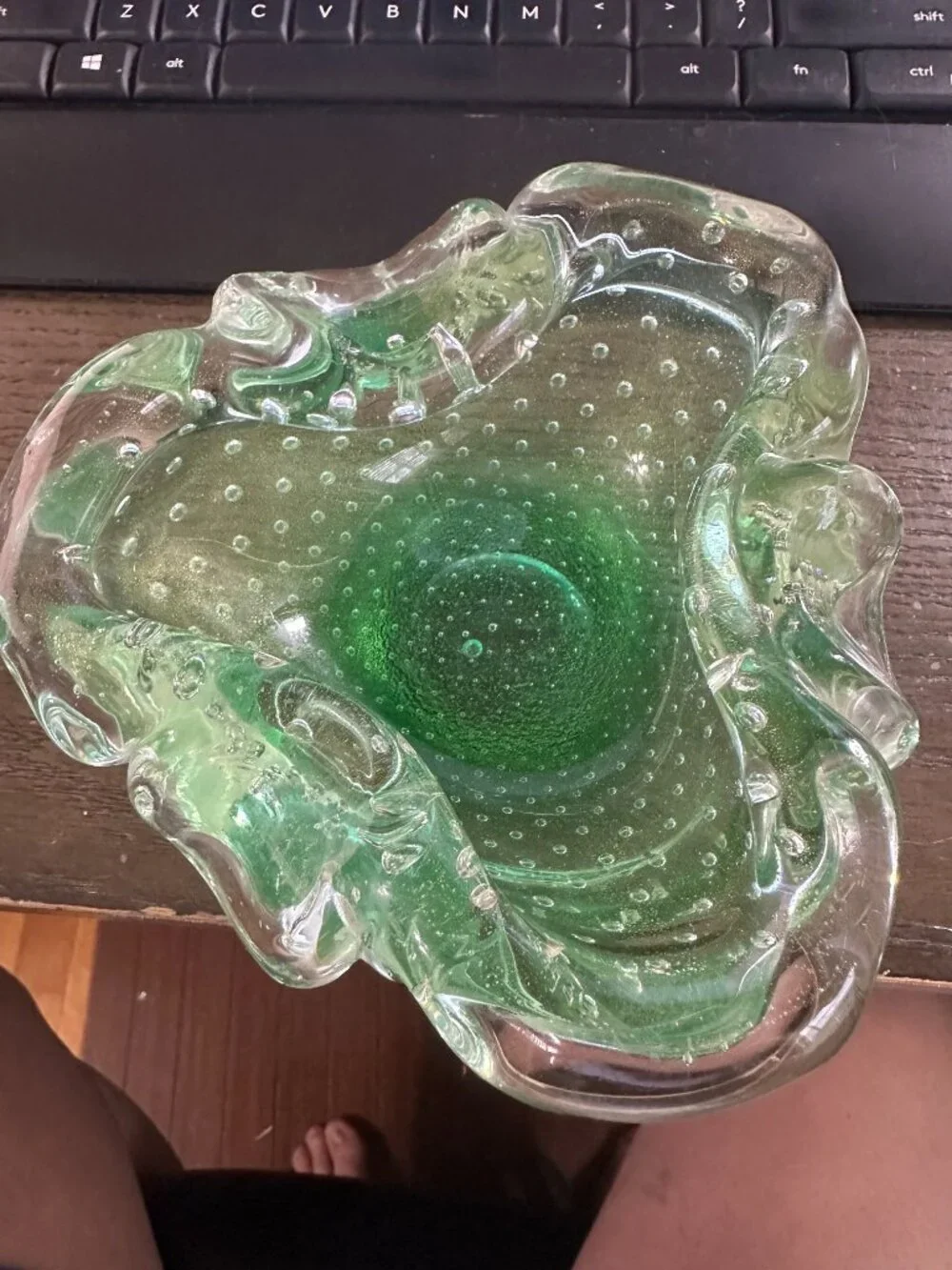 Vintage Murano Style Green Bullicante Art Glass Bowl Gold Adventurine 6 inches.